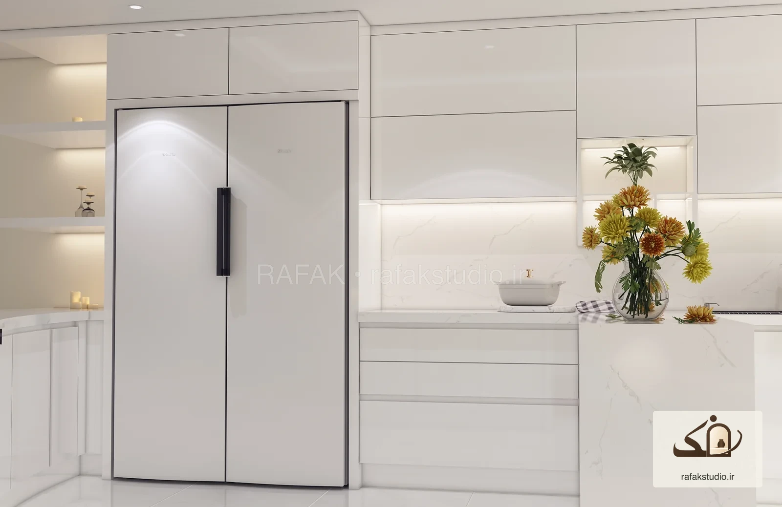 All-white kitchen in Oshnavieh — Design render 2
