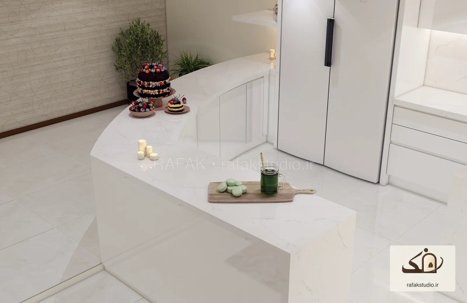 All-white kitchen in Oshnavieh — Design render 3