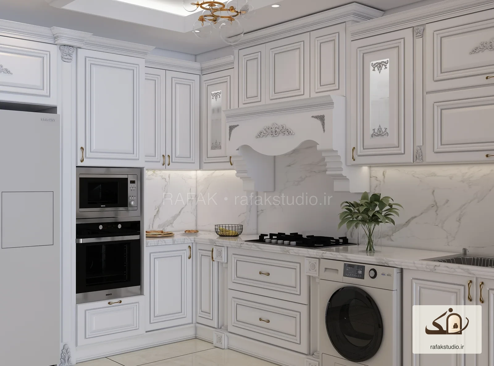 مطبخ كلاسيكي فاتح في قشم — مخرجات التصميم