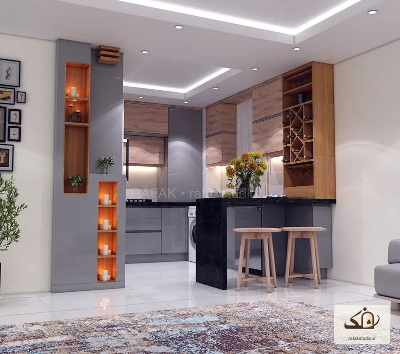 آشپزخانهٔ طوسی و طرح چوب در شیراز — رندر طراحی ۱
